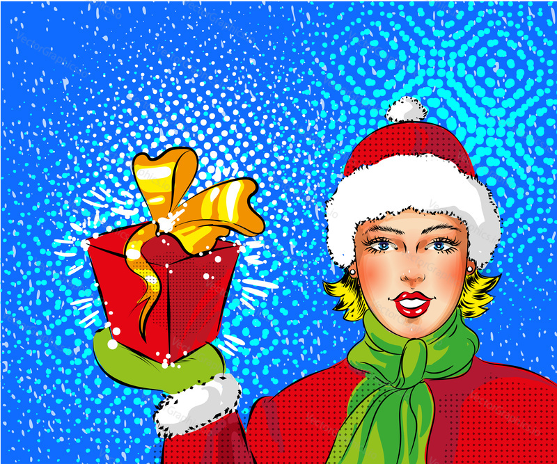 Vector illustration of beautiful girl in Santa Clause costume holding gift box. Merry Christmas and Happy New Year concept in retro pop art comic style.