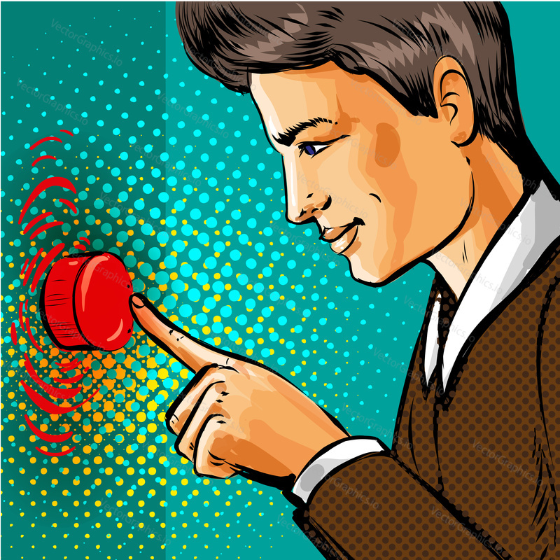 Vector illustration of handsome man pressing big red button in retro pop art comic style.