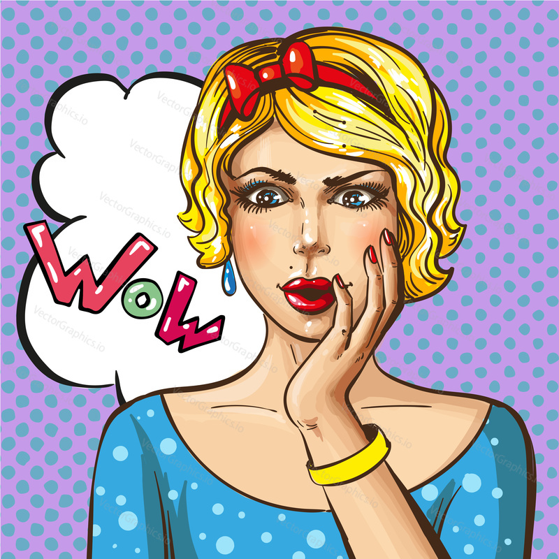 Vector illustration of beautiful pin-up surprised lady, wow speech bubble. Wonder girl in retro pop art comic style.