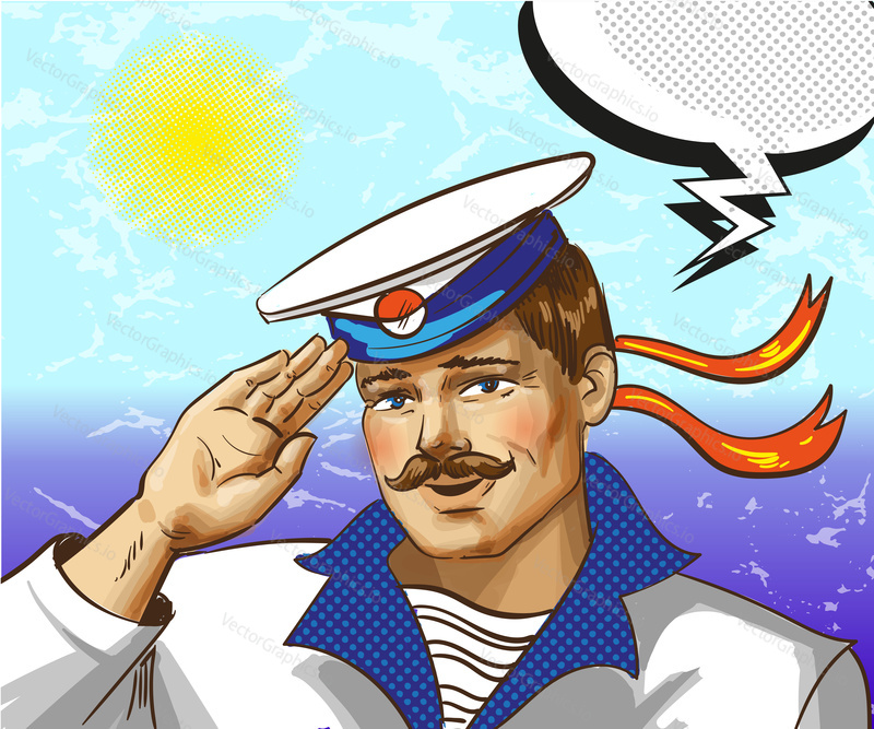 Vector illustration of beautiful sailor saluting, thought bubble. Seaman, mariner in retro pop art comic style.