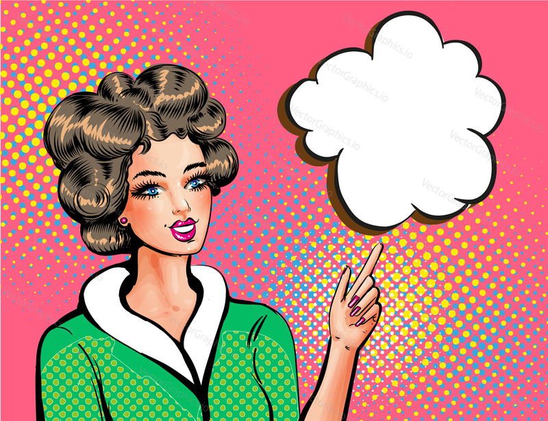 Vector illustration of beautiful woman pointing finger, speech bubble. Young girl gesturing in retro pop art comic style.