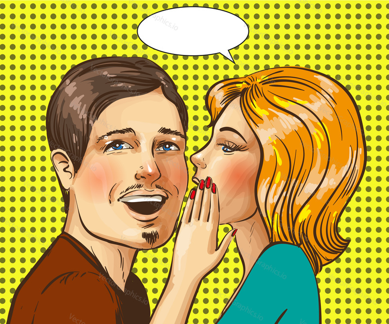Vector illustration of young woman whispering to man, speech bubble. Happy beautiful couple in retro pop art comic style.