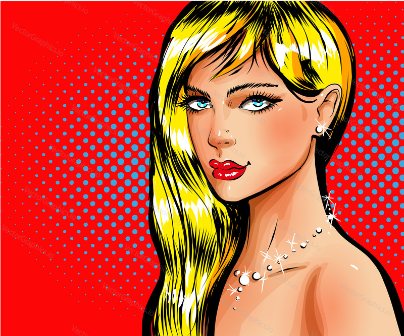 Vector illustration of beautiful woman jewelry model portrait. Sexy pin-up girl with necklace and earrings in retro pop art comic style.