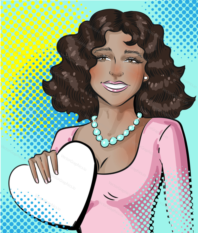 Vector portrait of young pretty woman smiling and holding white handbag in shape of heart in her hand. Young beautiful girl with swarthy skin and dark hairs smiling before party