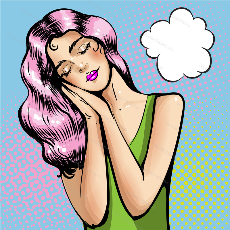 Vector of young beautiful girl who folded her arms under her head next to place for text. Young caucasian white woman with cloud shaped speech bubble. Pretty girl with long hair