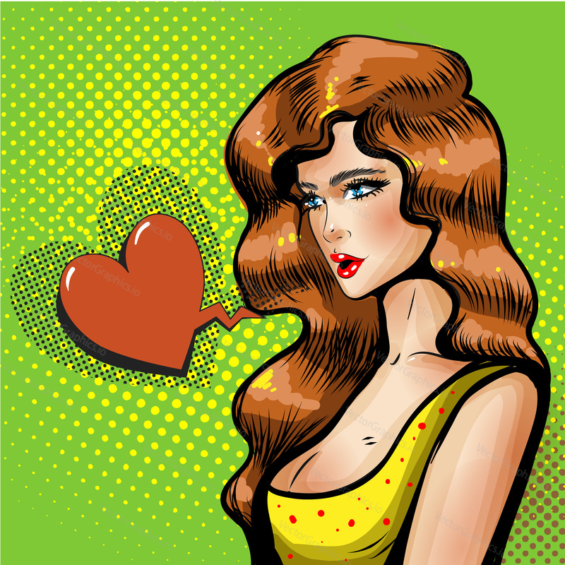 Vector of beautiful pin-up girl with heart shaped speech bubble. Modern pretty girl brown-haired person with long hair. Place for text. Pop Art vintage vector. Girl looking to copy space