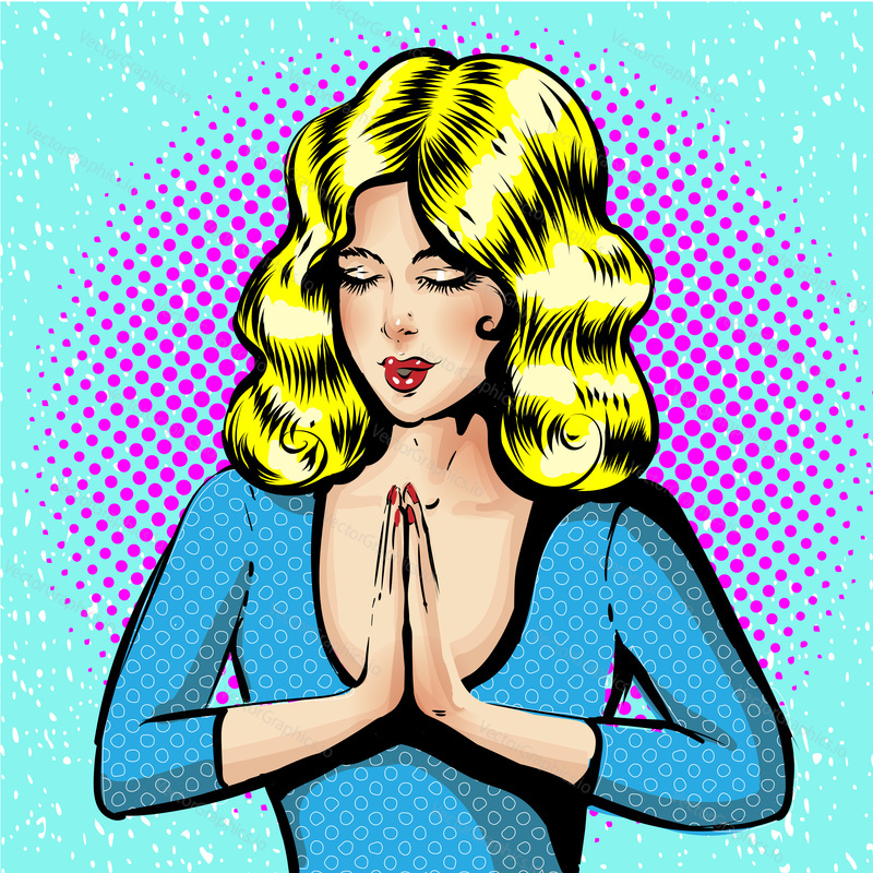 Beautiful young blonde with closed eyes folded her hands in prayer. Vector of young girl with magnificent light hairs during prayer. Illustration of praying girl. Religious concept