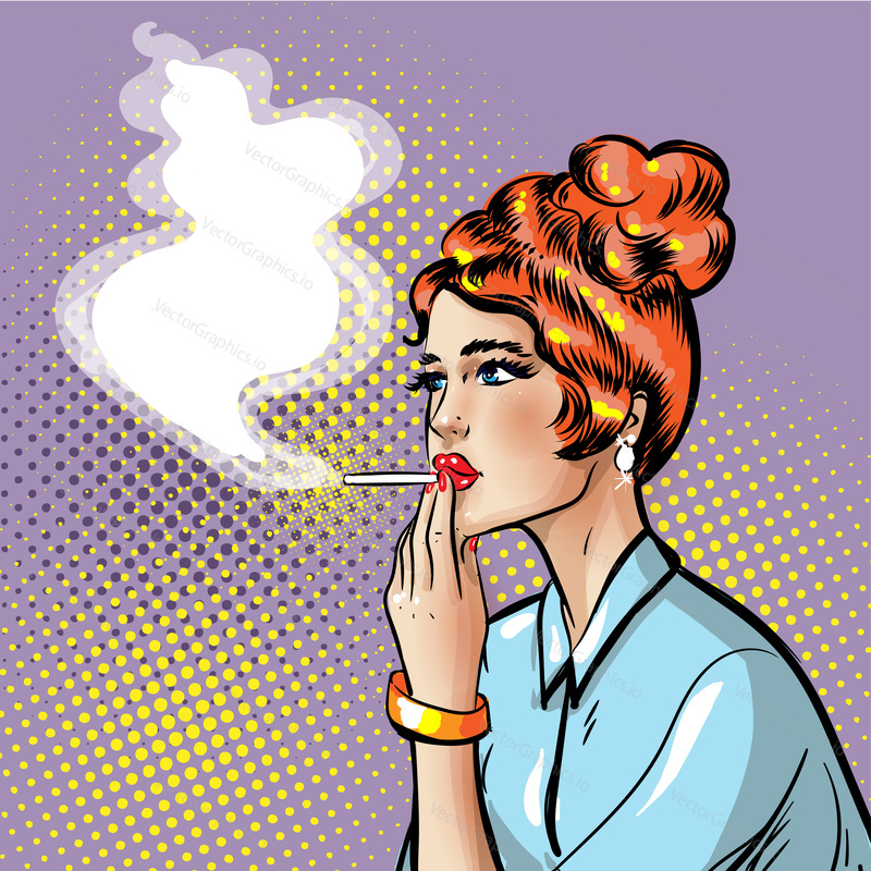 Fashionable beautiful pin-up smoking girl with smoking cigarette in her hand where there is place for text. Copy space. Pop Art vector. Vector of modern girl. Illustration of bad habit