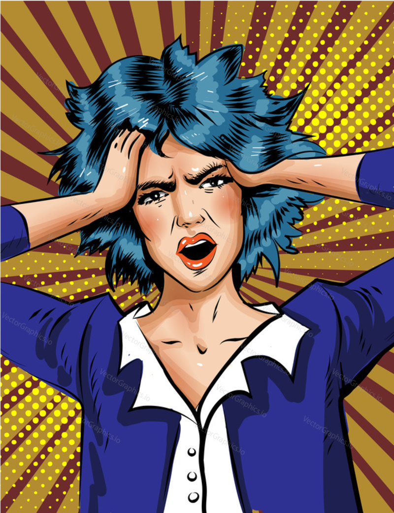 Closeup portrait of angry woman screaming wide open mouth on yellow background. Vector of woman who took her head in hands. Adult girl taking her head in her arms and is nervous.