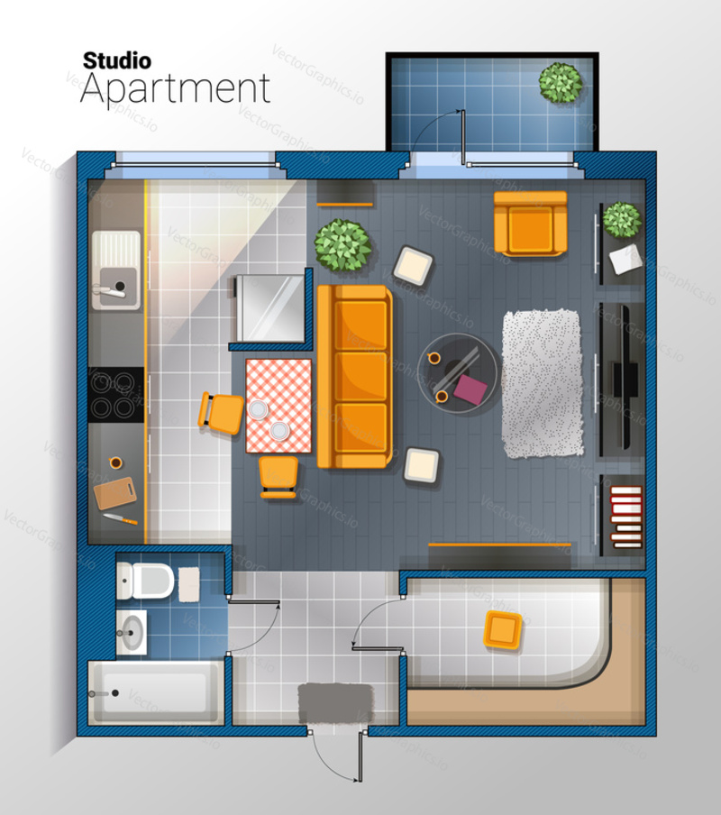 Vector top view illustration of modern and comfortable studio apartment with furniture. Detailed architectural color plan.