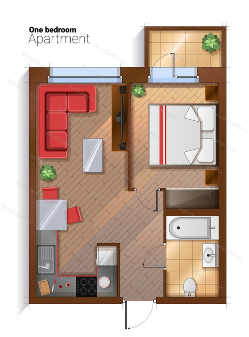 Vector top view illustration of one bedroom apartment with furniture. Modern detailed architectural plan of bedroom, bathroom and kitchen combined with dining room.