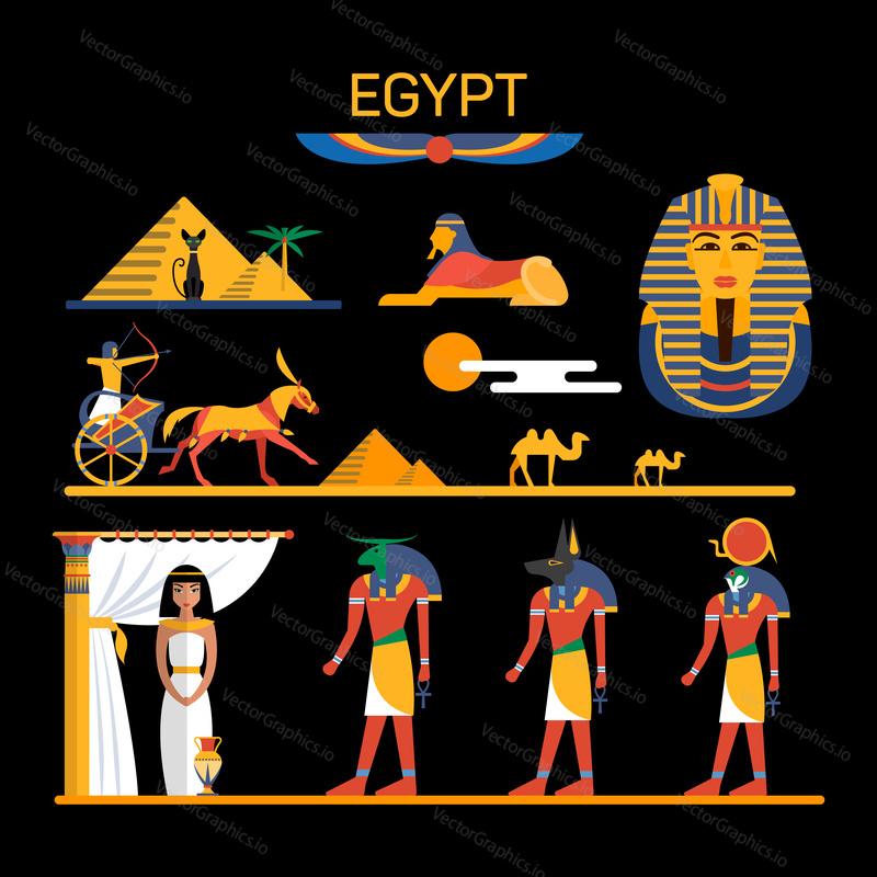 Vector set of Egypt characters with pharaoh, gods, pyramids, camels. Illustration with Egypt isolated objects.
