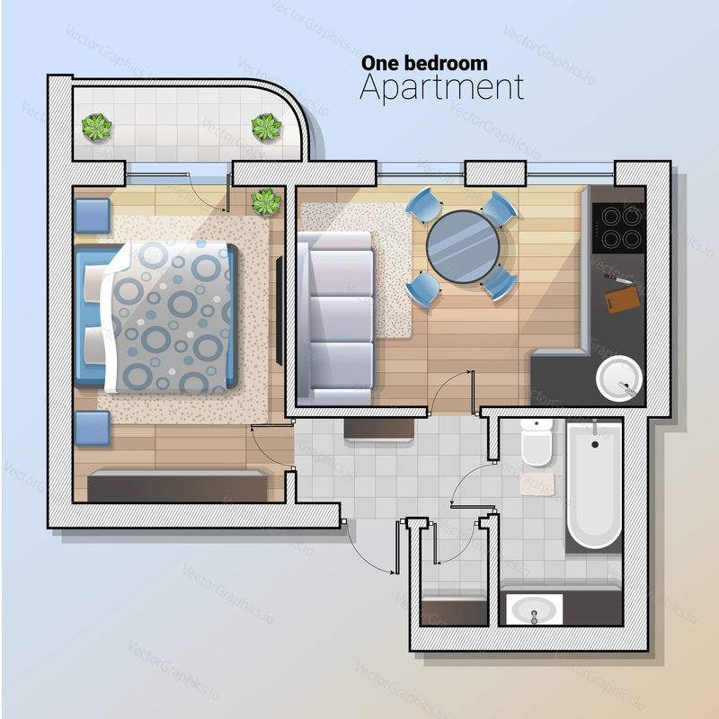 Vector top view illustration of modern one bedroom apartment. Detailed architectural plan of dining room combined with kitchen, bathroom, bedroom. Home interior with comfortable furniture.