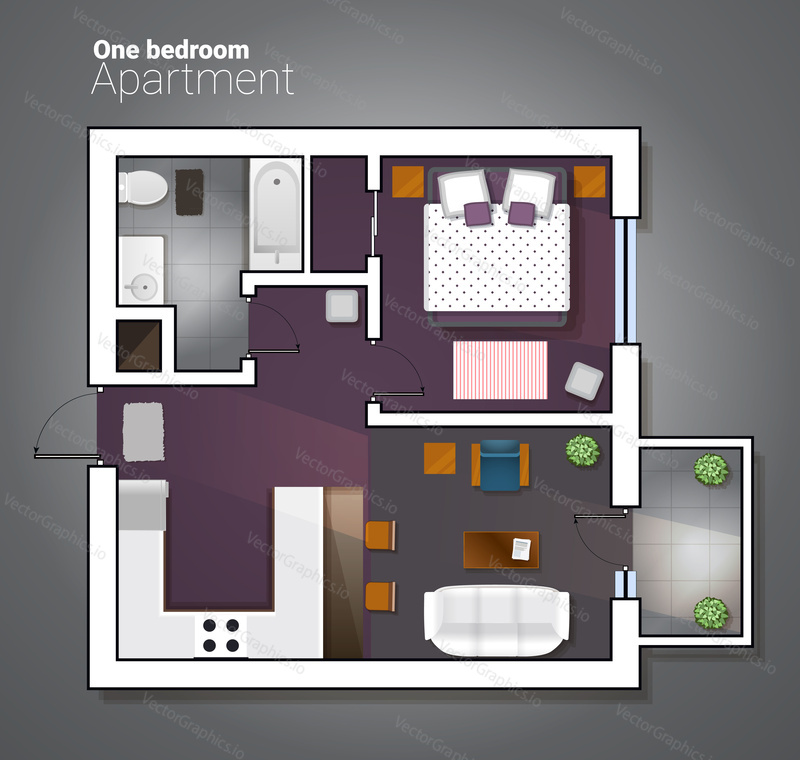 Vector top view illustration of modern one bedroom apartment. Detailed architectural plan of dining room combined with kitchen, bathroom, bedroom. Home interior with comfortable furniture.