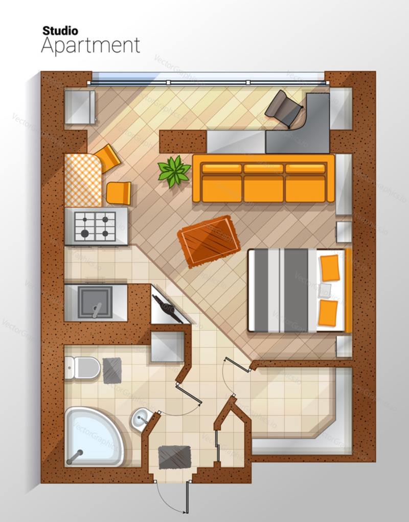 Vector top view color architectural floor plan of modern studio apartment which combines living room, bedroom and kitchenette with furniture.