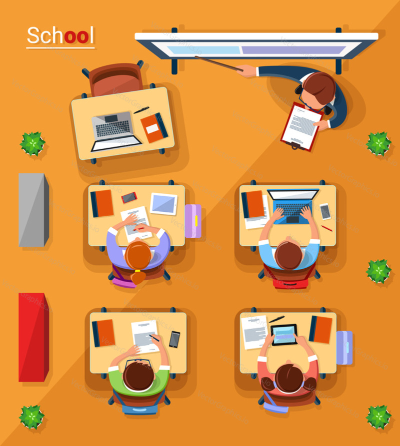 Vector top view school concept illustration. Teacher and school children at the lesson in classroom. Flat style design.