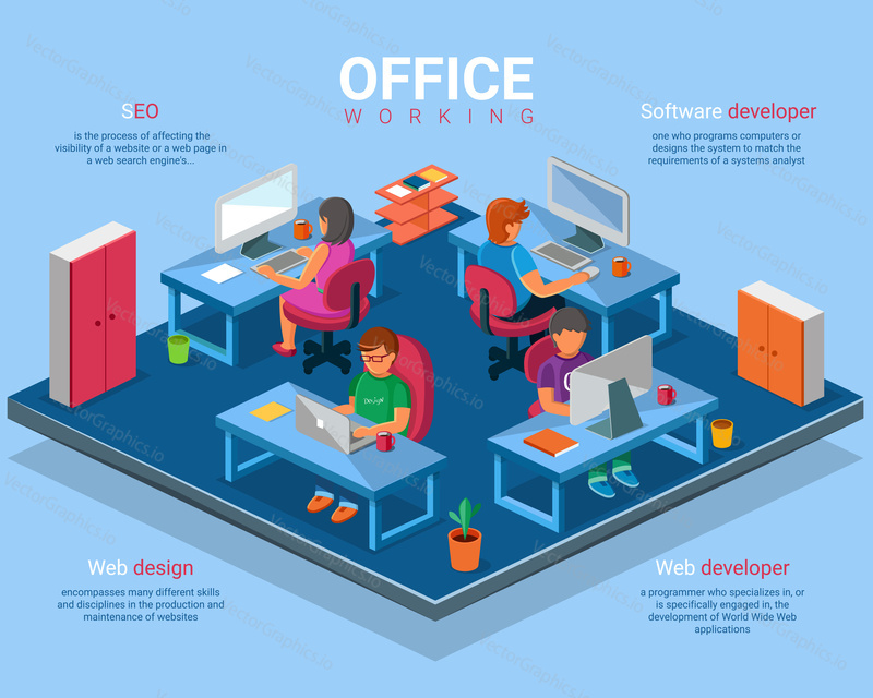 Vector flat 3d isometric business office concept illustration. Office interior and creative people web and software developers at work.
