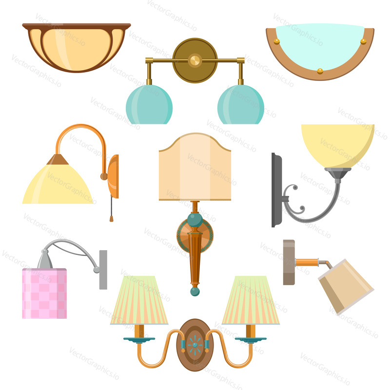 Vector set of home light in flat style. Illustration with lamps isolated on white background. Design elements and icons.