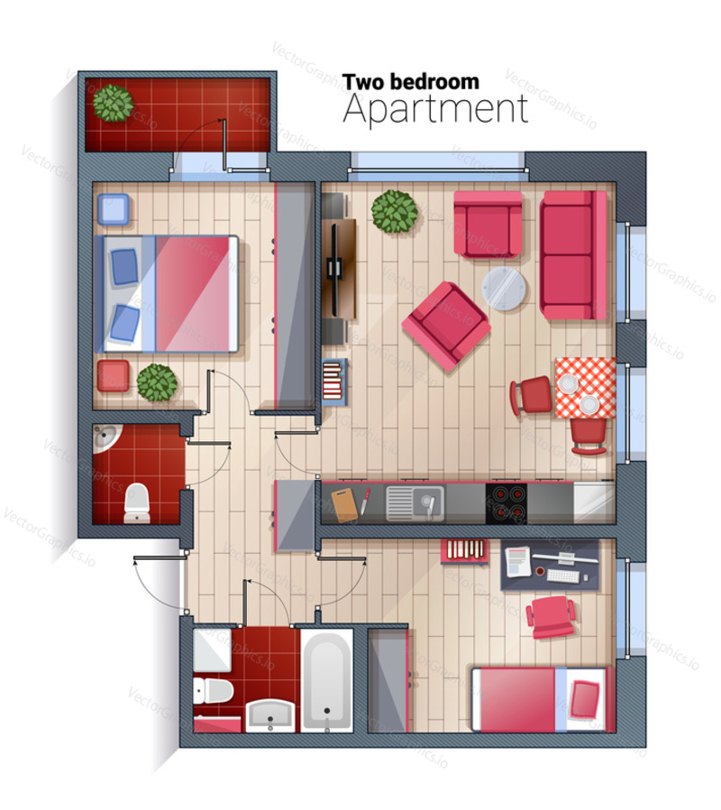Vector top view illustration of modern two bedroom apartment. Detailed architectural plan of dining room combined with kitchen, bathroom, bedroom. Home interior with comfortable furniture.