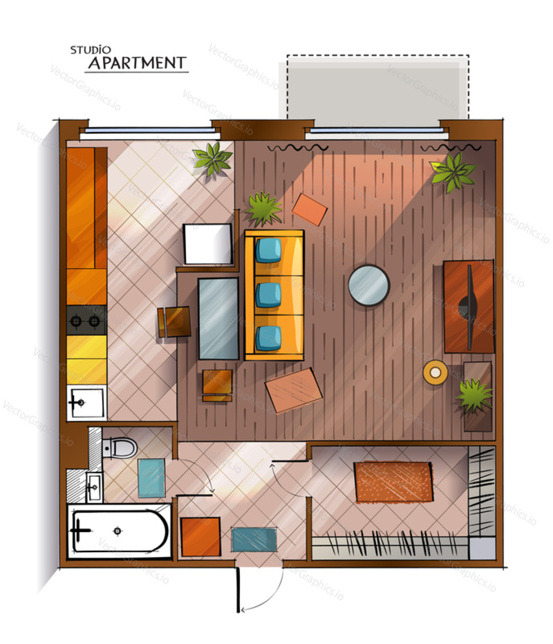 Vector top view architectural floor plan of modern and comfortable studio apartment which combines living room, bedroom and kitchenette with furniture.