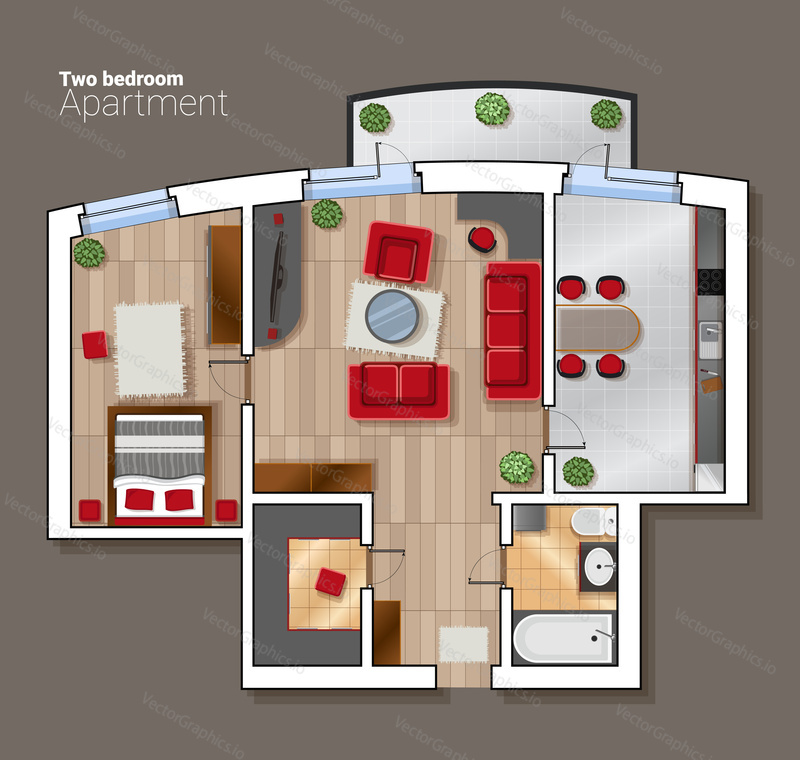 Vector top view floor plan of the house room. Modern dining room, bedroom and bathroom interior with furniture.