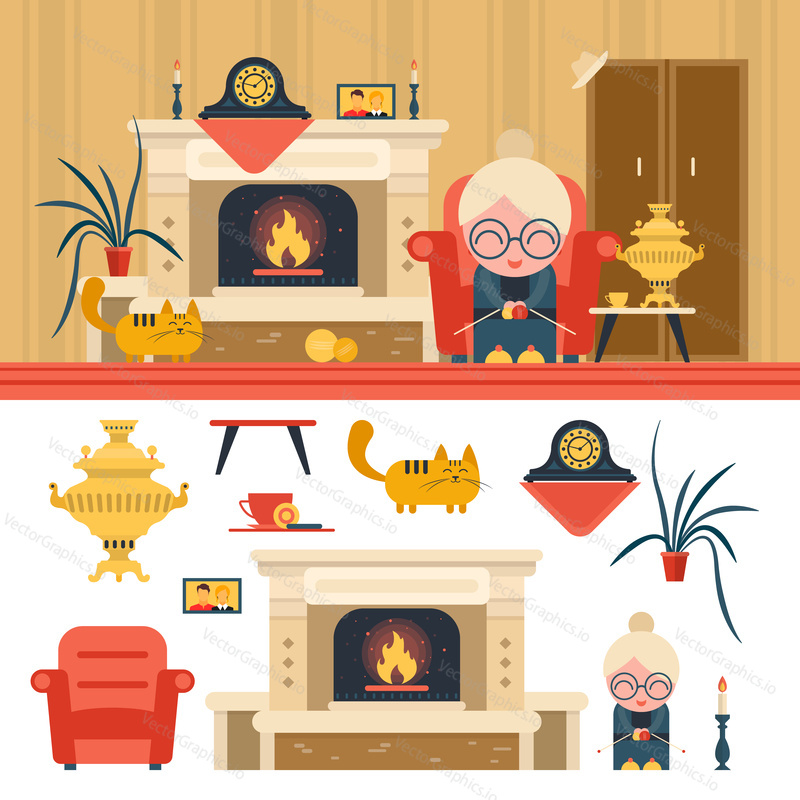 Vector set of house living room interior objects in flat style. Design elements and icons isolated on white background. Grandma sitting in chair next to fireplace.