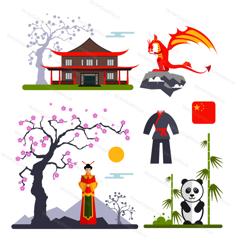 Vector set of China characters with dragon, woman in kimono, panda and chinese house. Illustration with China isolated objects.