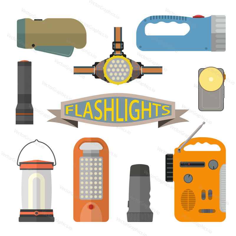 Vector set of flashlights in flat style. Design elements and icons isolated on white background. Headlight, hand lamp, torch.