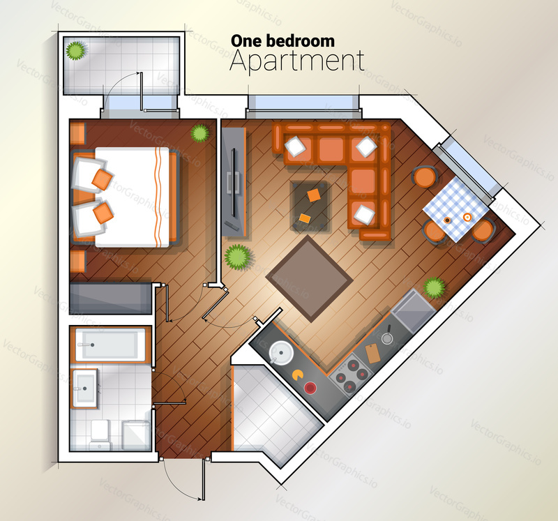Vector top view color architectural floor plan of one bedroom apartment. Modern dining room, bedroom and bathroom interior with furniture.