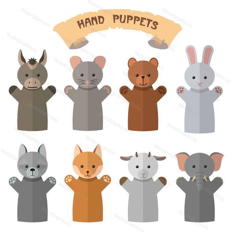 Vector set of hand puppets in flat style. Design elements and icons isolated on white background. Doll gloves with different animals.
