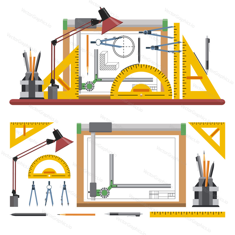 Architects and designer workplace vector illustration in flat style. Drawing tools and instruments isolated on white background. Drawing board.