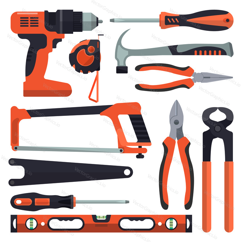 Vector set of building tools isolated on white background. Flat style design elements, icons.