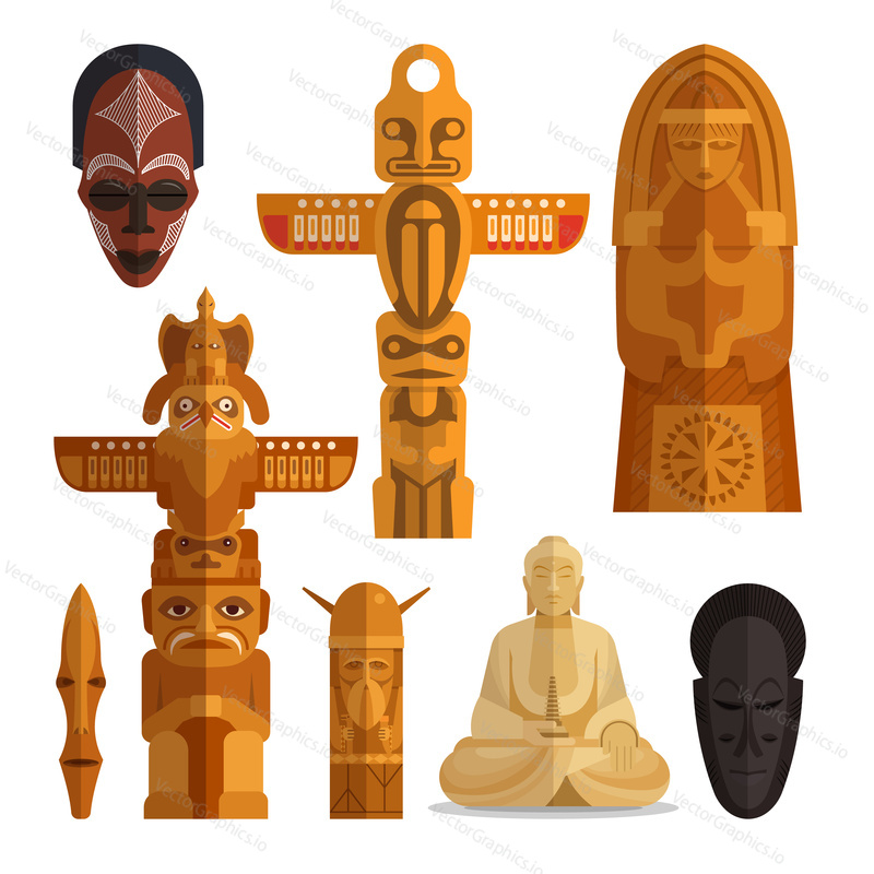 Vector illustration of Buddha, north American totem pole, ethnic tribal masks. Idols flat symbols, icons isolated on white background.