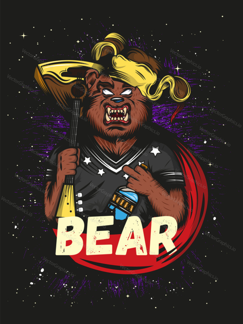 Furious russian bear with demonic eyes. Earflaps hat, bottle of vodka, balalaika. Graphic cartoon style vector logotype.