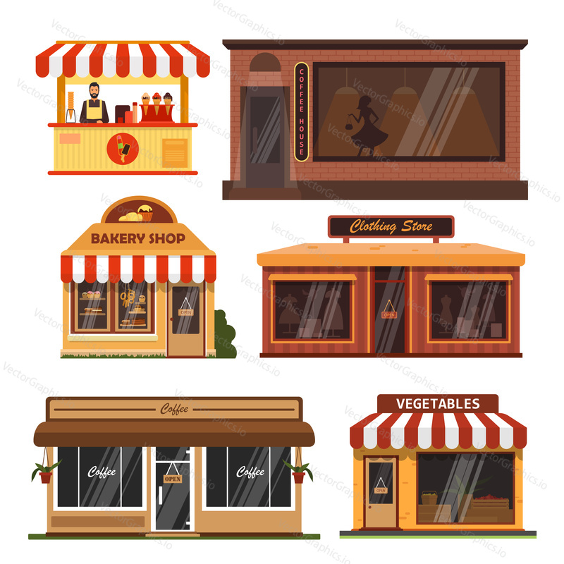 Векторный набор зданий магазинов. Элементы дизайна магазинов и иконки в плоском стиле, изолированные на белом фоне. Кофейня, пекарня, продуктовый магазин, мороженое.