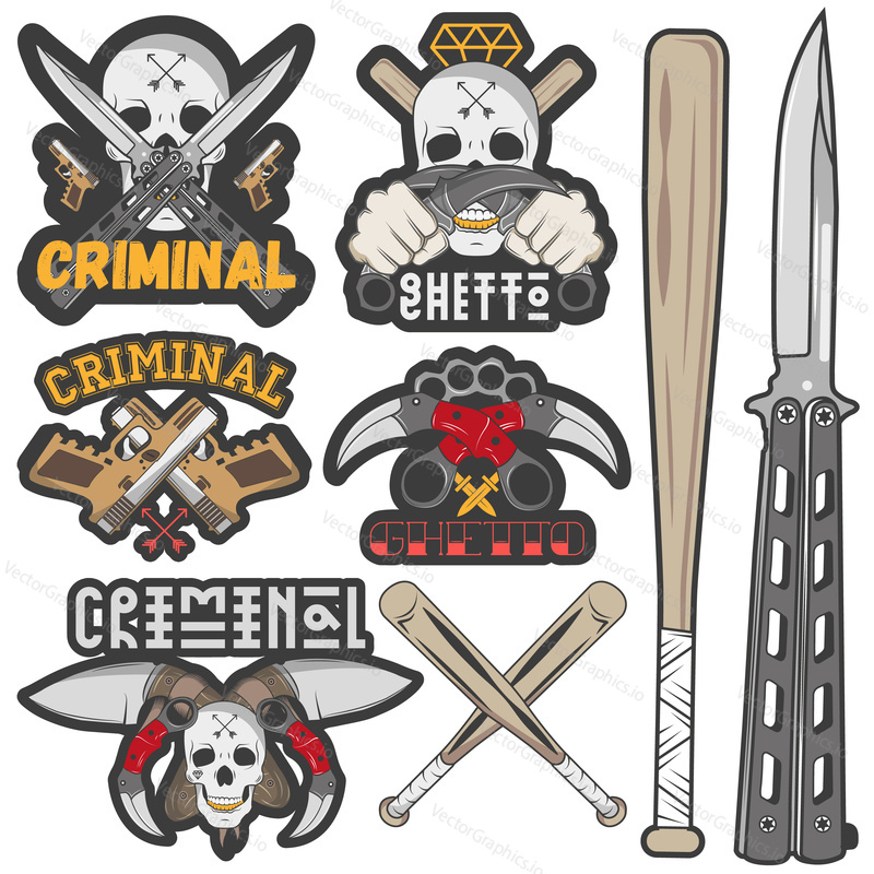 Set of agressive gang and criminal badges. Skulls, crossed knives, pistols and baseball bats, sample text. Flat graphic style vector image.