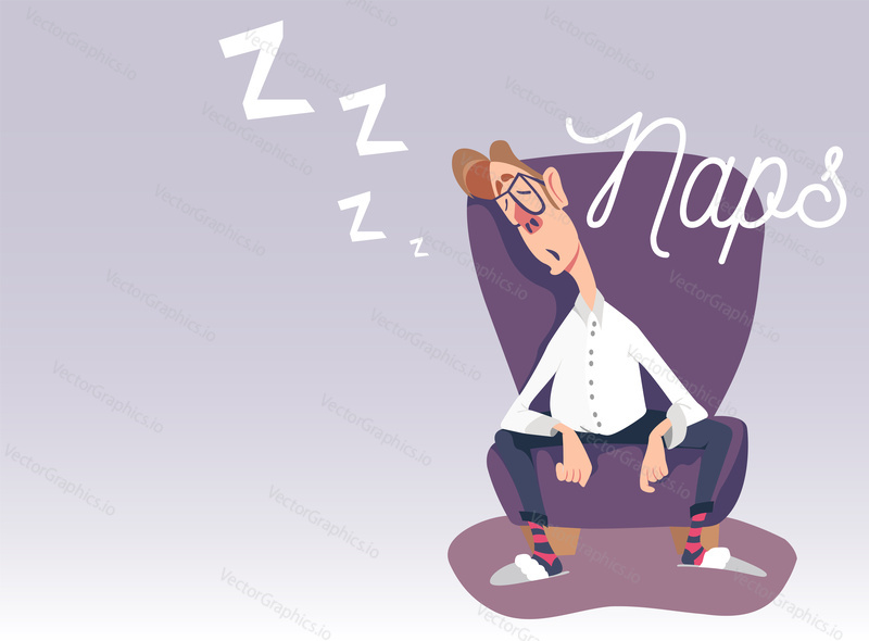 Vector illustration of dad sitting in an armchair, taking a nap, sleeping, having rest. Naps lettering. Comic cartoon character.