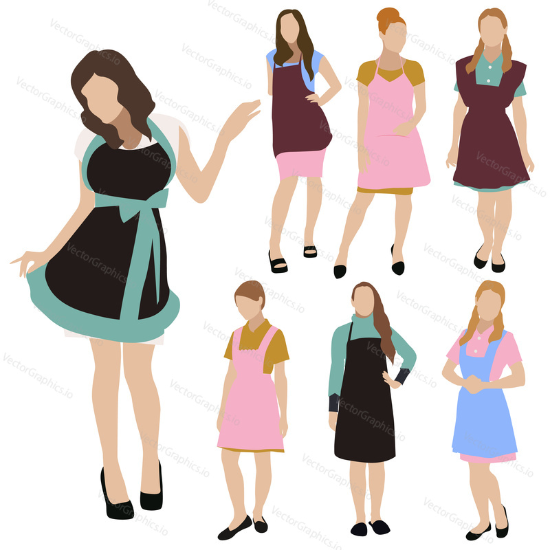 Collection of seven young women silhouettes, dressed in informal homy style. Housewife dress, apron, different poses. Flat style vector image.