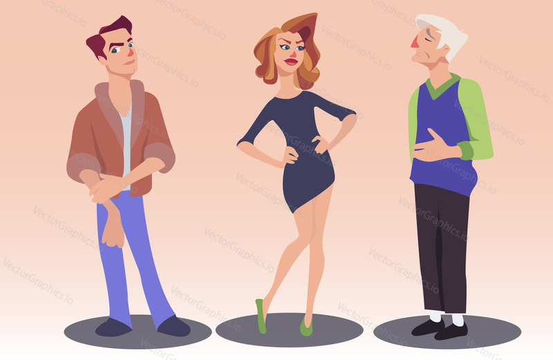 Vector illustration of woman and two men with different facial expressions. Cartoon young man and old-aged man admiring beautiful woman. Feelings and emotions concept design elements.
