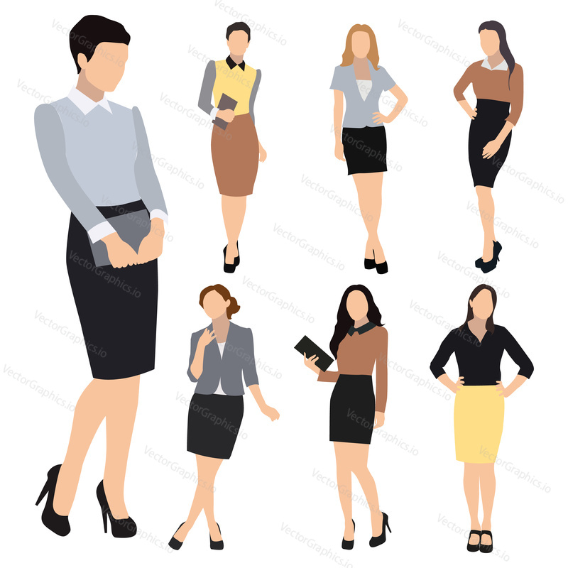 Collection of seven woman silhouettes, dressed in business style. Formal blouse, narrow skirt, high heels, different poses. Flat style vector image.