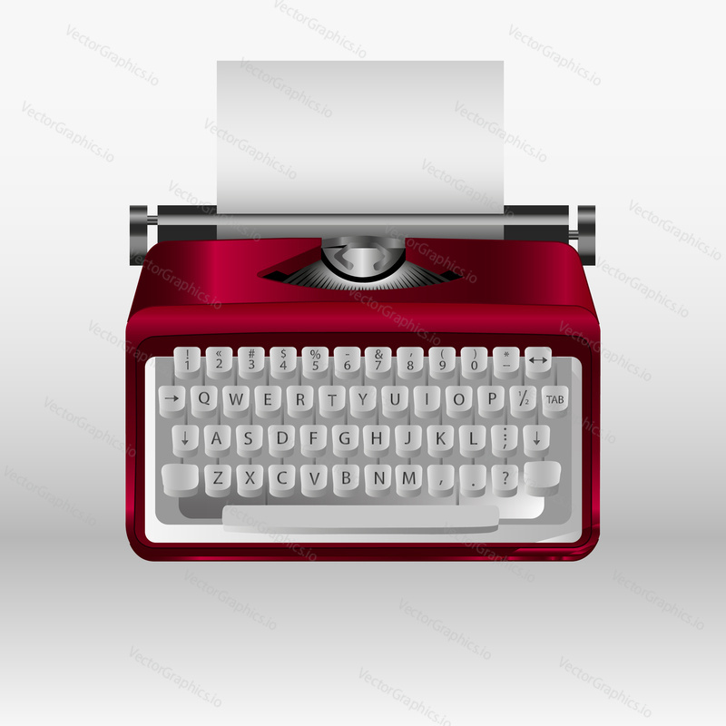 Retro typewriter with white paper sheet. Vector 3d model.