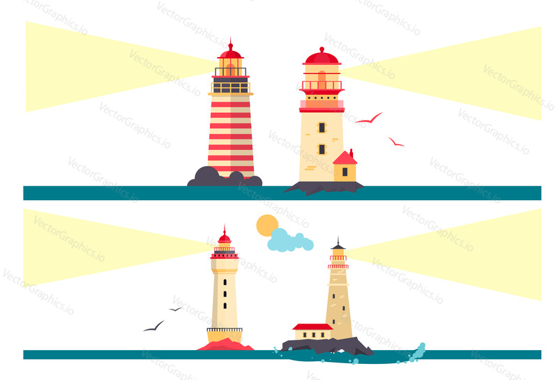 Vector set of lighthouses. Design elements and icons in flat style isolated on white background. Cartoon lighthouse with light beams.