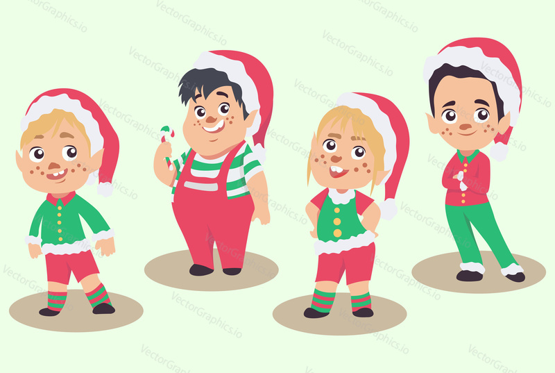 Vector set of Christmas elves in different postures, isolated on white background. Cute cartoon children characters in christmas hats.