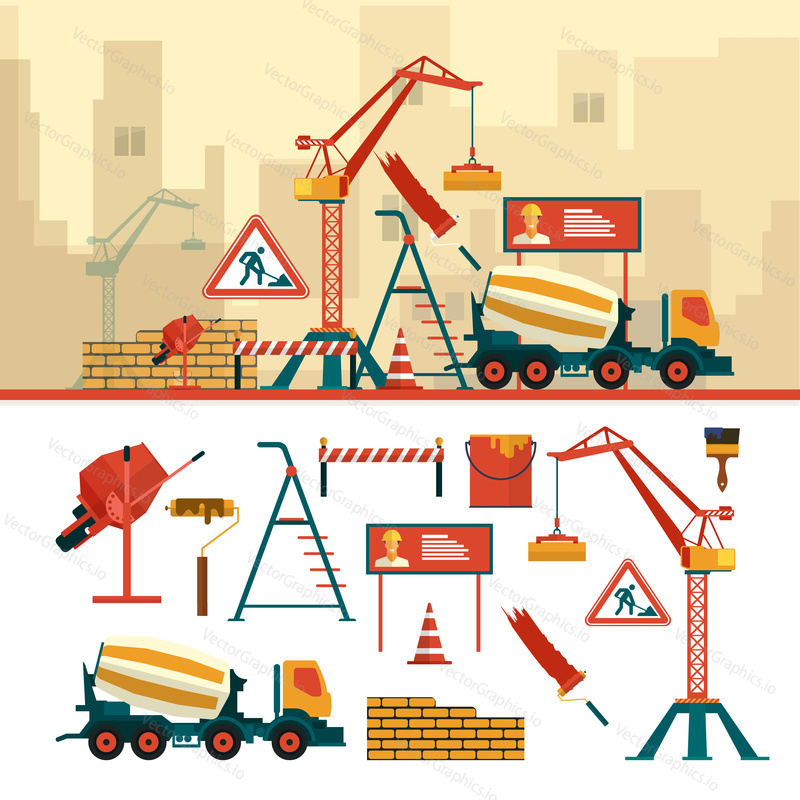 Vector set of construction site objects and tools isolated on white background. Construction building equipment icons in flat style. Crane, bricks, sign, concrete mixer.