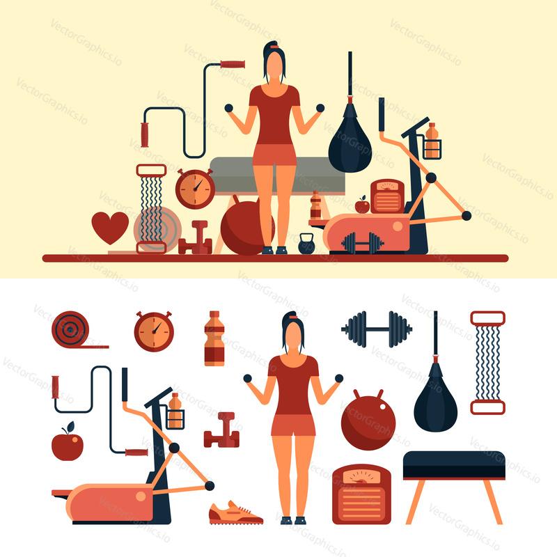 Fitness sport objects isolated on white background. Vector design elements and icons. Woman work out in a gym. Fitness center and gym equipment.