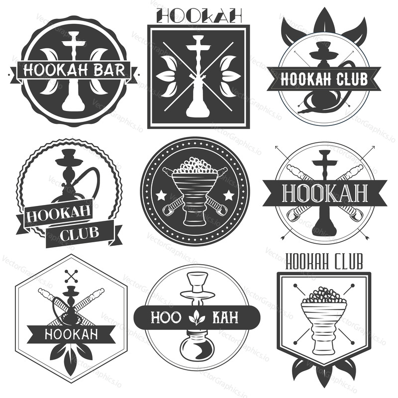 Set of hookah badges and stamps. Round and rectangular form, ribbons, sample text. Flat graphic style vector image.