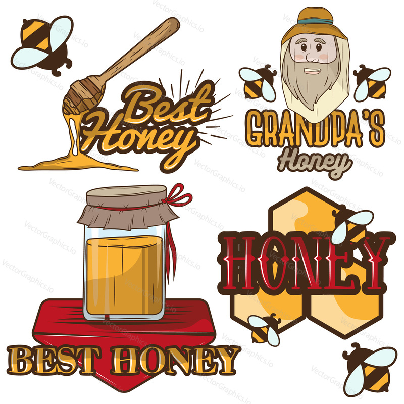 Vector set of honey labels and beekeeping logo. Typographic elements for advertising sweet and fresh natural product, for packaging. Lettering Best honey, Honey, Grandpas honey.