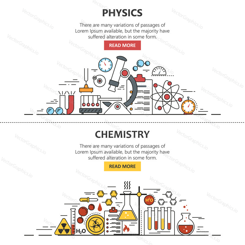 Science banner vector concepts in line style. Chemistry and Physics design elements, symbols and icons. Laboratory workspace and science equipment. Education background