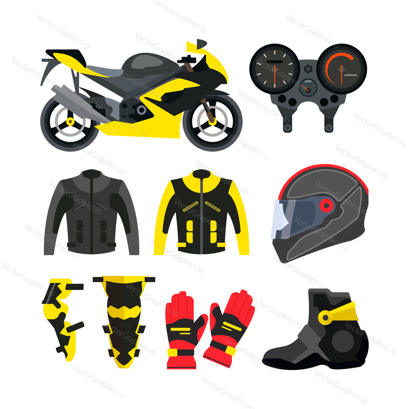 Vector set of motorcycle accessories. Design elements and icons isolated on white background. Sport bike, helmet, gloves, boots, jacket.
