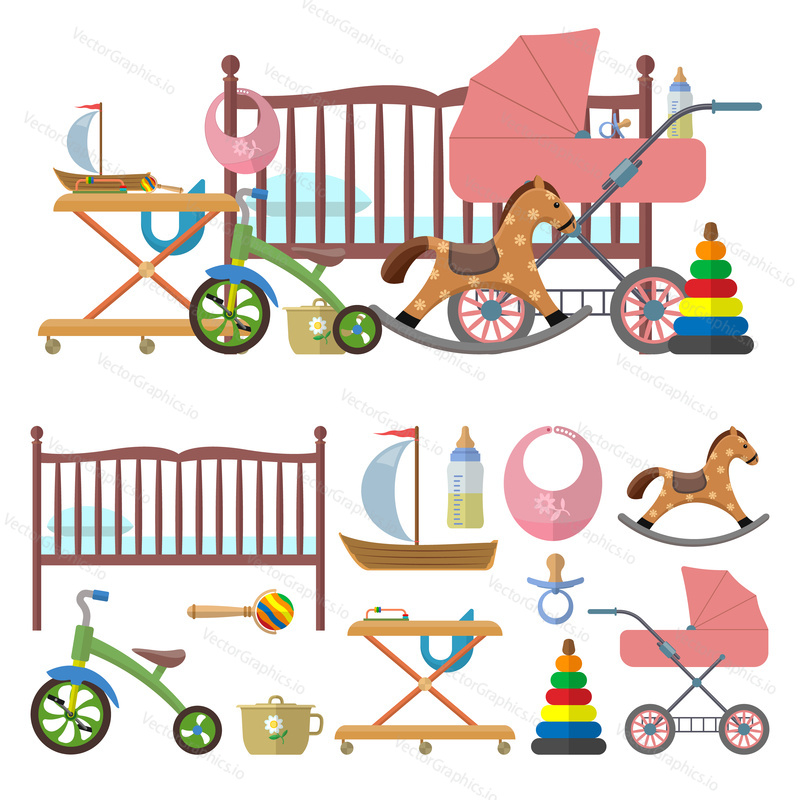 Interior of baby room and vector set of toys for kids. Illustration in flat style. Isolated design elements and icons. Bed, nursery, bicycle, carriage